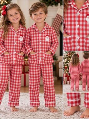 SWEET DREAMS Kids Unisex Red Gingham Santa Patch Pajama Set Size 5.EUC